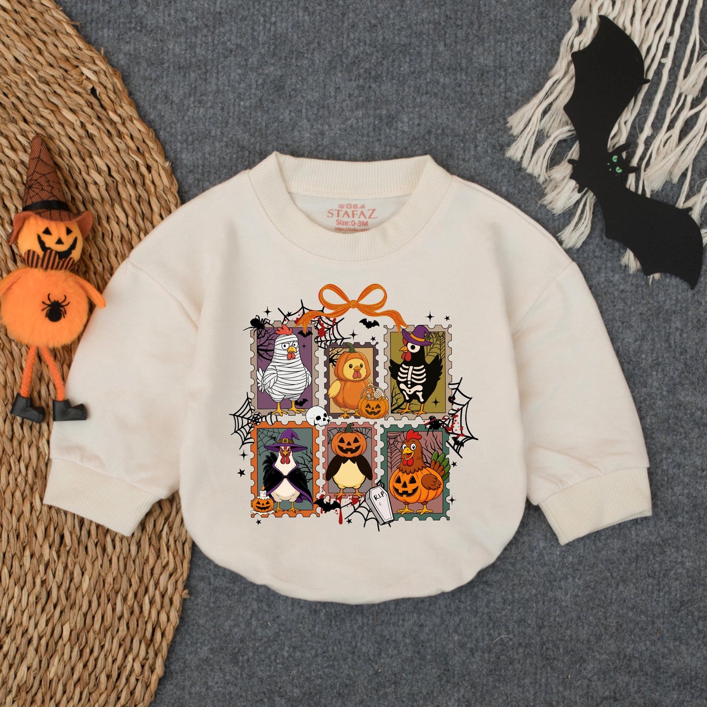Chick or Treat Halloween Baby Romper Spooky Chicken Cartoon Illustrations Festive Orange Purple Green Black White Cute Halloween Gift Idea