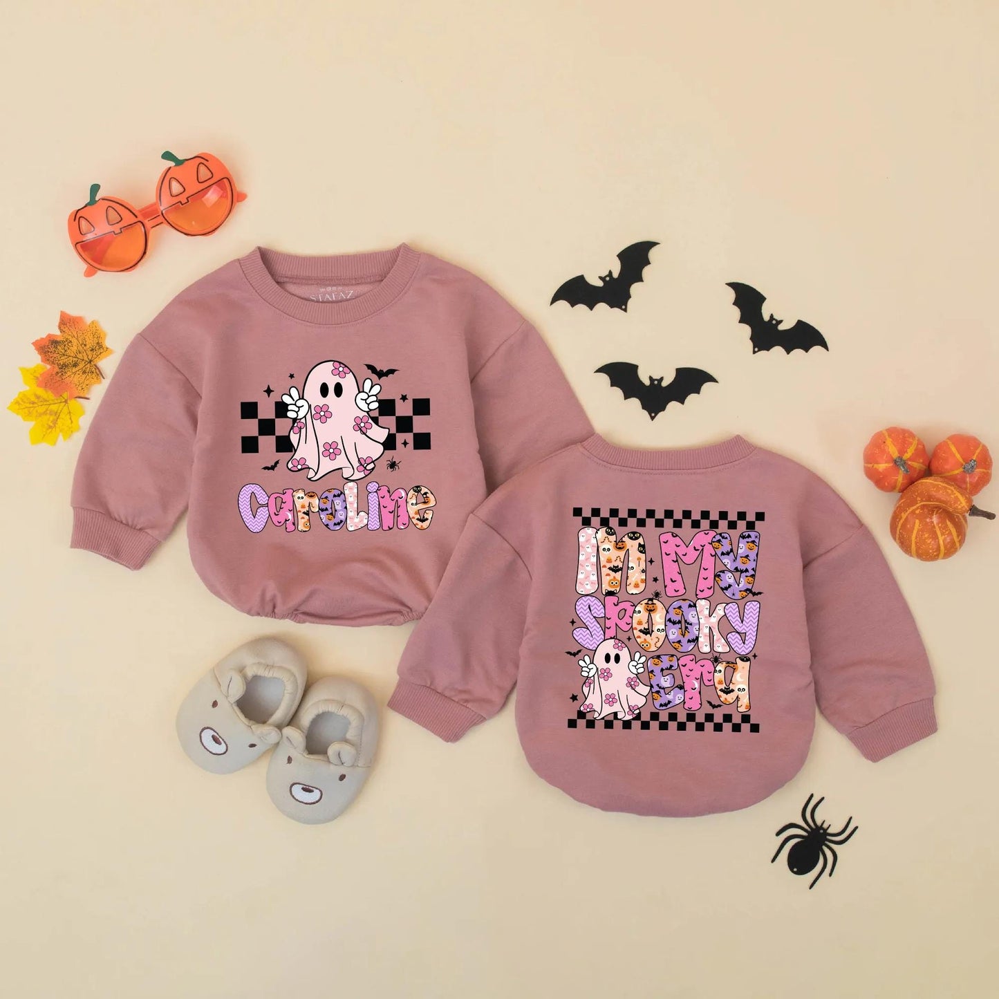 Custom Caroline "In My Spooky Era" Baby Romper Cute Pink Ghost Halloween Toddler Sweatshirt Whimsical Retro Gift