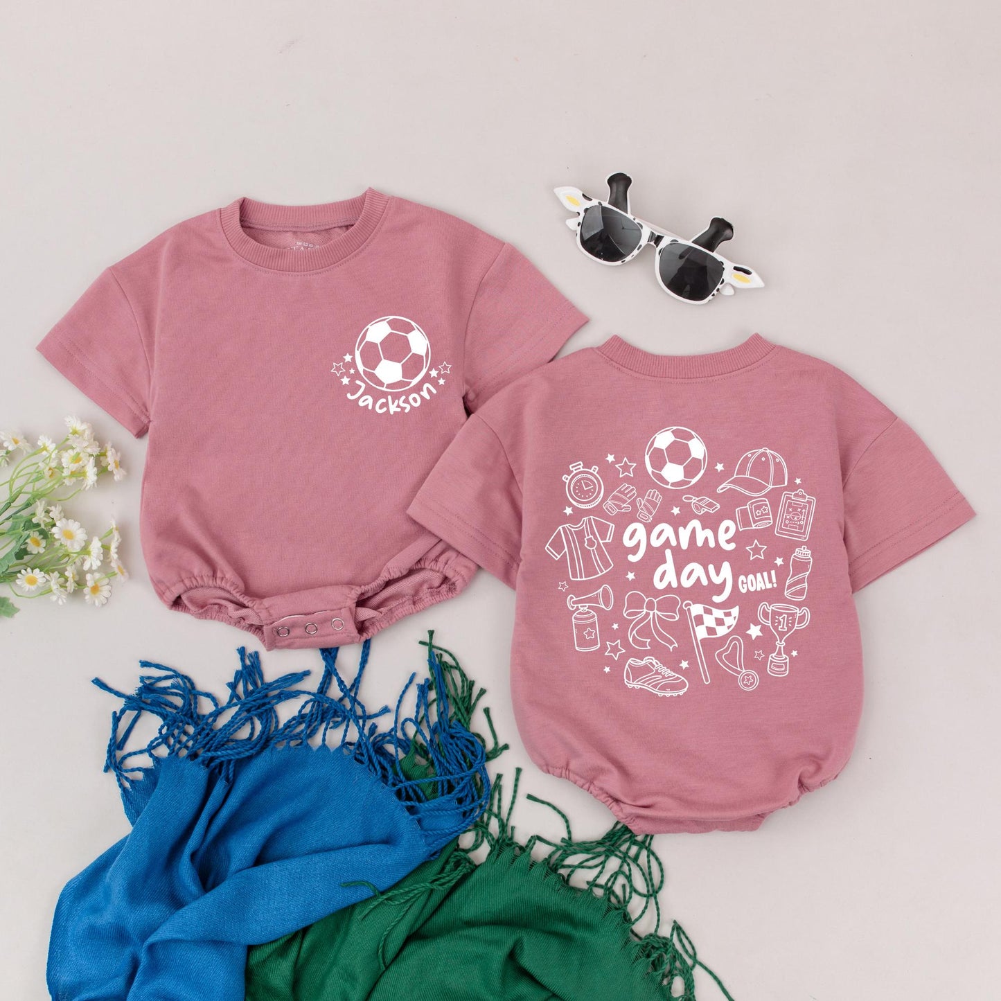Custom Soccer Baby Romper Cute Doodle Game Day Outfit Personalized Star Ball Jersey Trophy "game day GOAL!" Baby Shower Gift