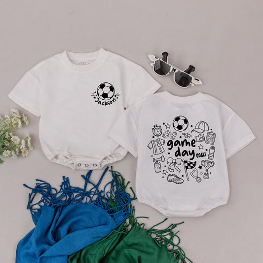 Custom Soccer Baby Romper Cute Doodle Game Day Outfit Personalized Star Ball Jersey Trophy "game day GOAL!" Baby Shower Gift