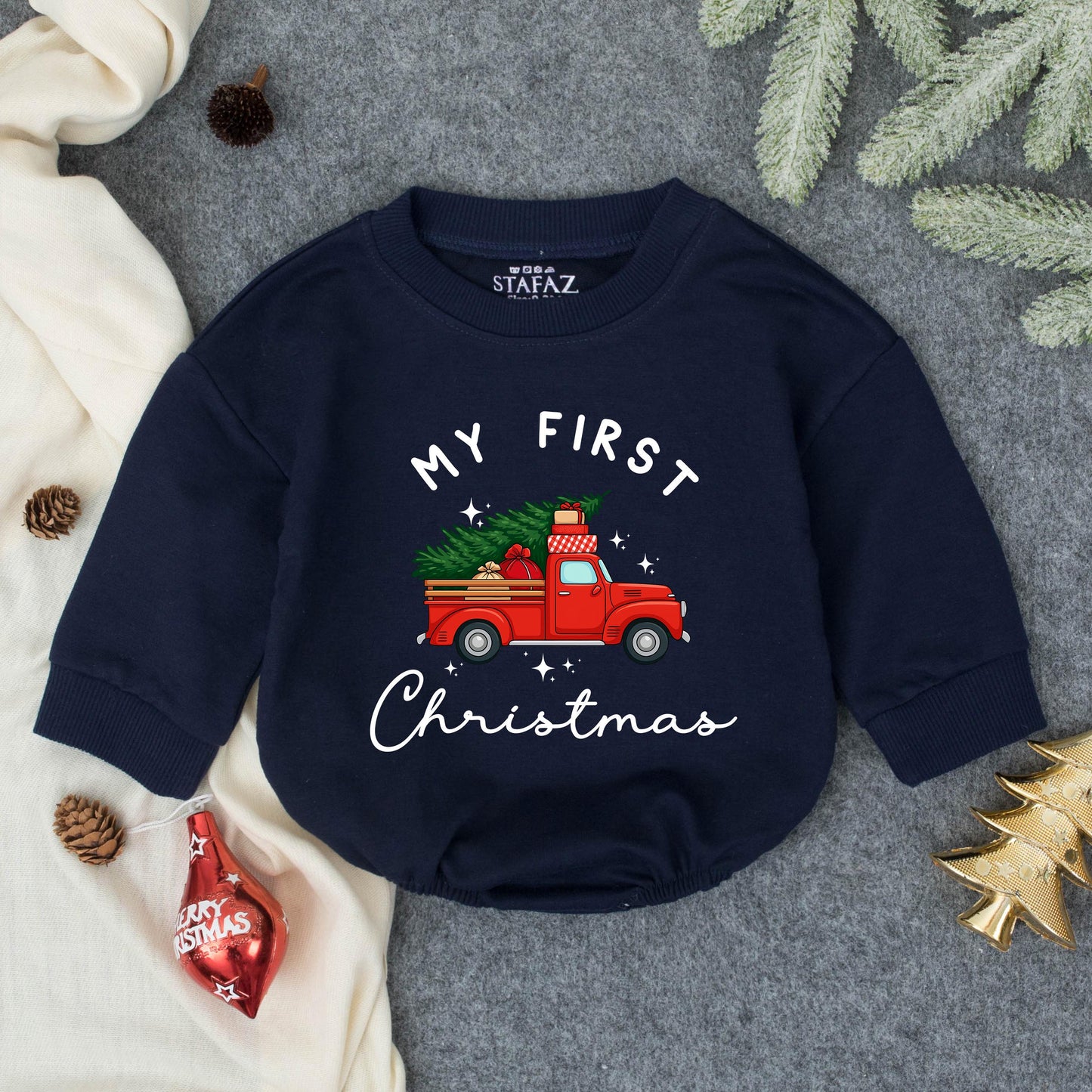 My First Christmas Baby Romper Cute Red Truck Tree Outfit for Newborn Infant Boy Girl