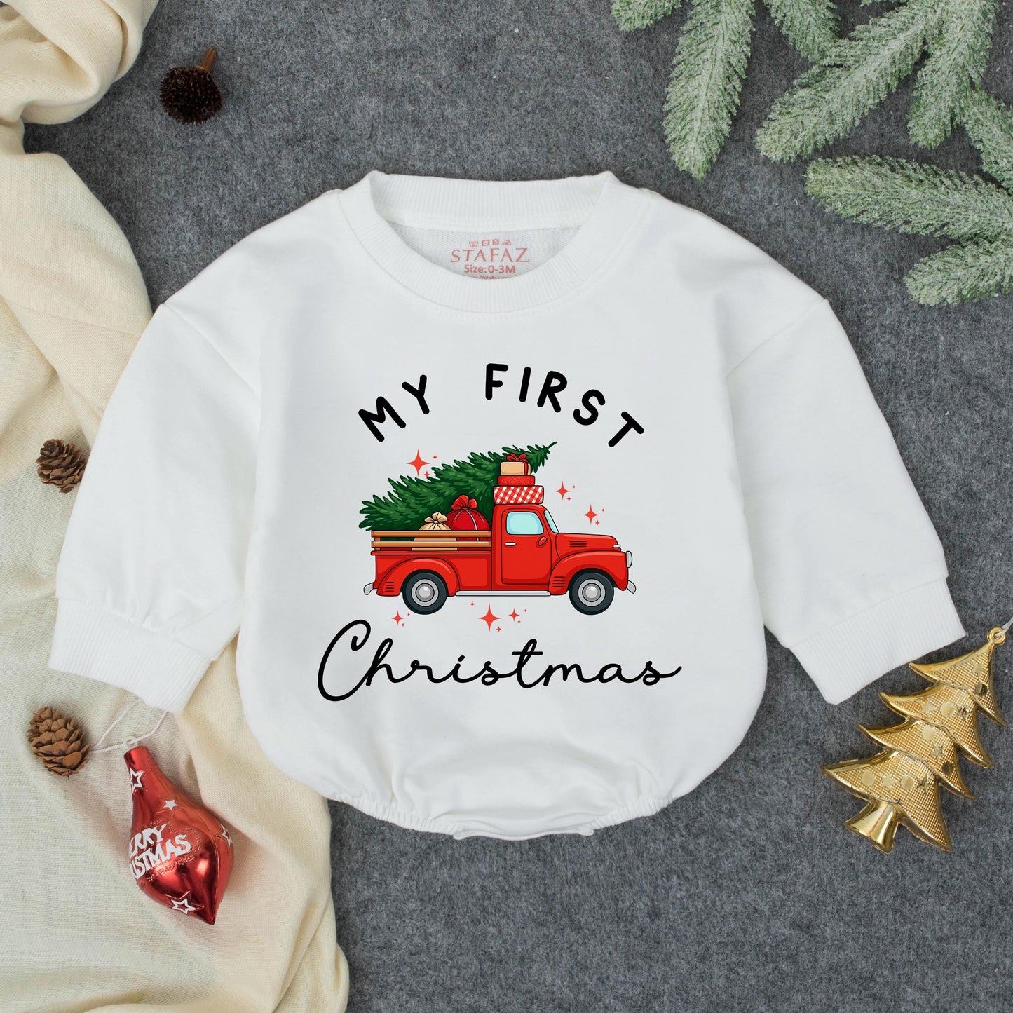 My First Christmas Baby Romper Cute Red Truck Tree Outfit for Newborn Infant Boy Girl