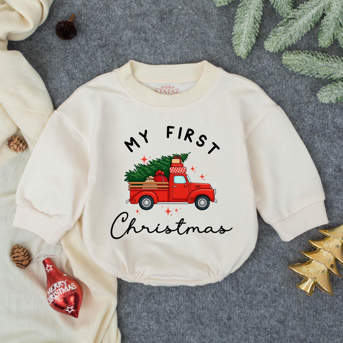 My First Christmas Baby Romper Cute Red Truck Tree Outfit for Newborn Infant Boy Girl