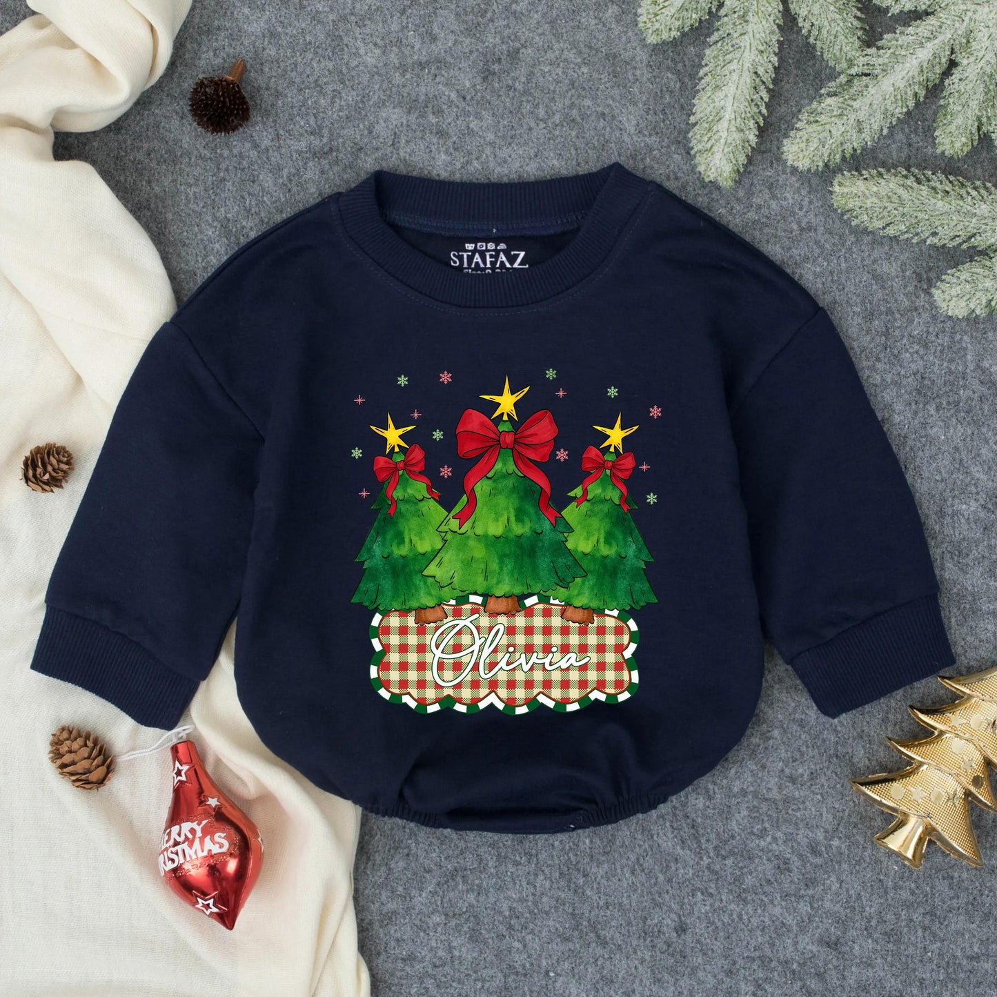 Olivia Custom Christmas Tree Baby Romper with Red Bows & Gold Stars Festive Baby Girl Outfit First Holiday Gift