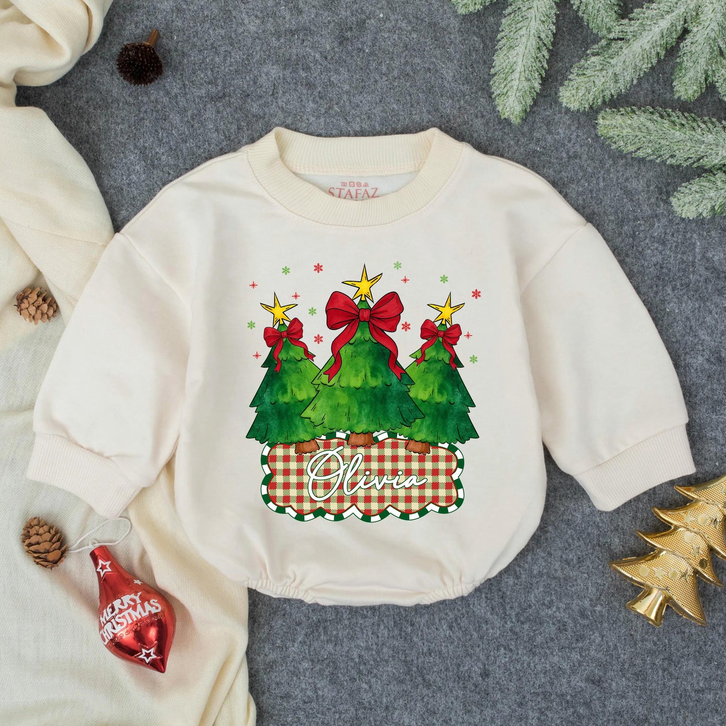 Olivia Custom Christmas Tree Baby Romper with Red Bows & Gold Stars Festive Baby Girl Outfit First Holiday Gift