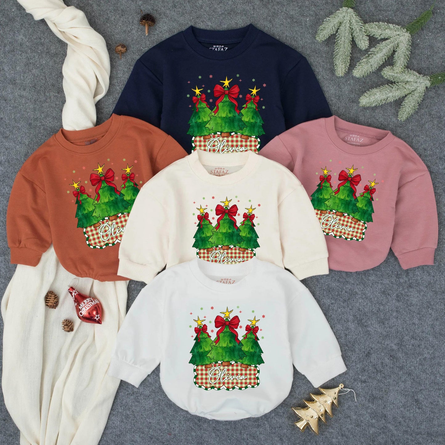 Olivia Custom Christmas Tree Baby Romper with Red Bows & Gold Stars Festive Baby Girl Outfit First Holiday Gift