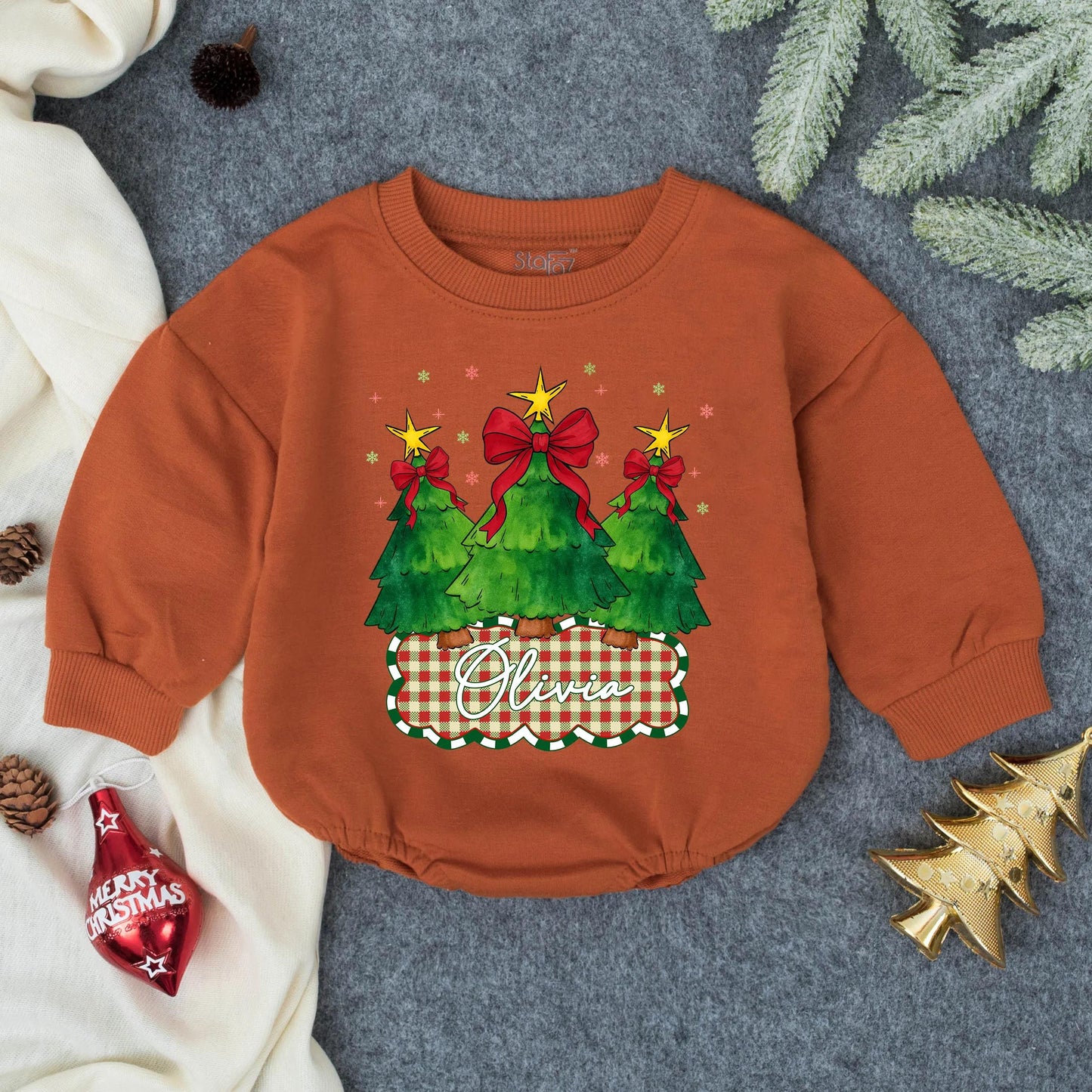 Olivia Custom Christmas Tree Baby Romper with Red Bows & Gold Stars Festive Baby Girl Outfit First Holiday Gift