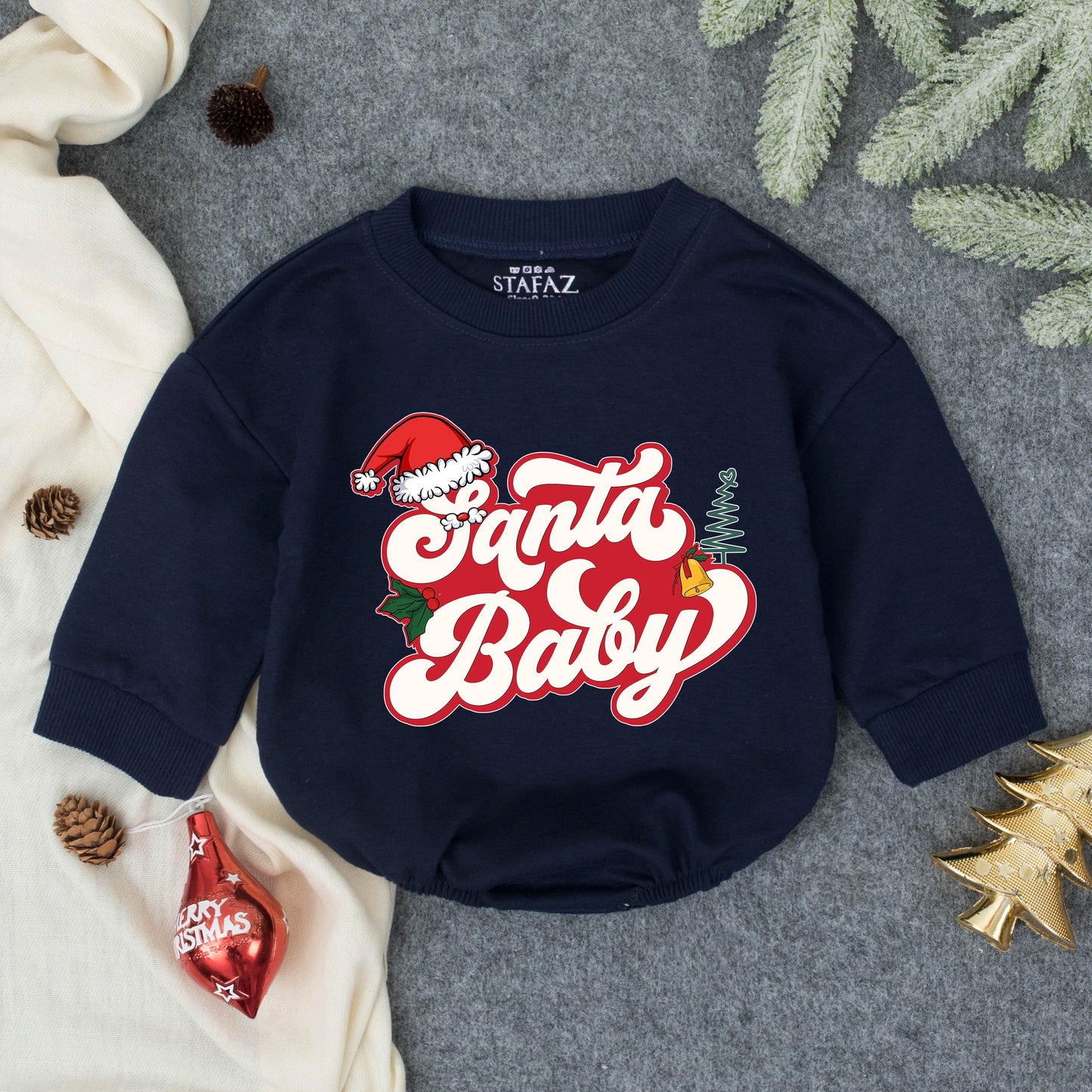 Santa Baby Romper Festive Infant Outfit Playful Retro Xmas Tree Holly Bell Baby Girl Boy Bodysuit Toddler Winter Gift Idea Cozy