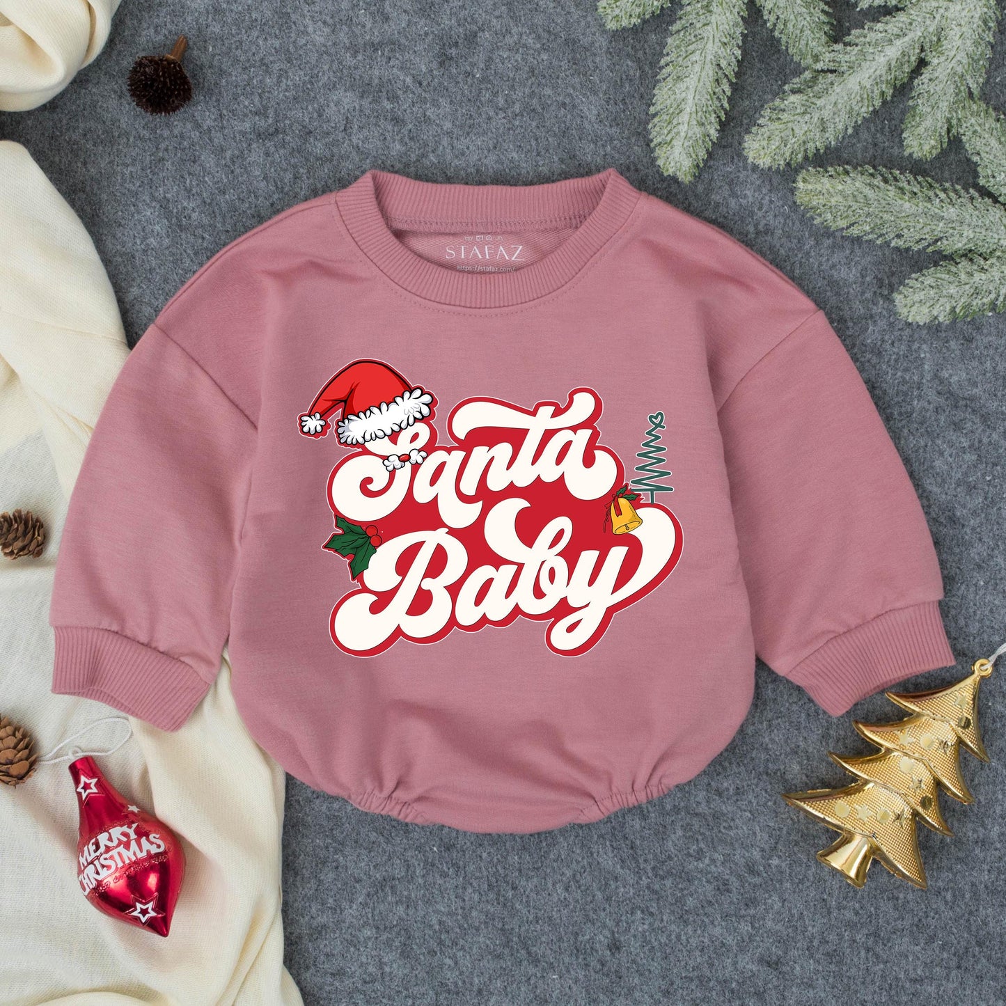 Santa Baby Romper Festive Infant Outfit Playful Retro Xmas Tree Holly Bell Baby Girl Boy Bodysuit Toddler Winter Gift Idea Cozy