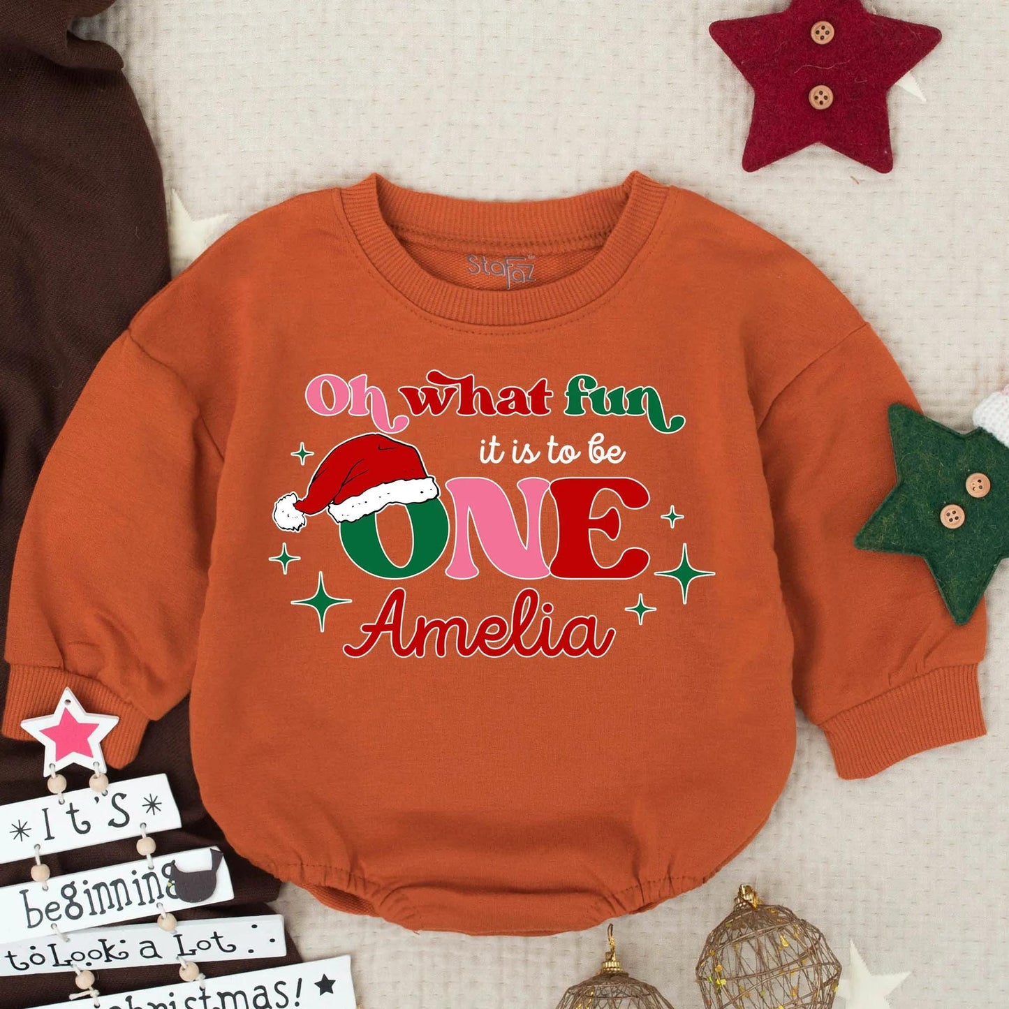 Baby's "Oh What Fun It Is To Be ONE" Bubble Romper Personalized Santa Hat Christmas Birthday Outfit