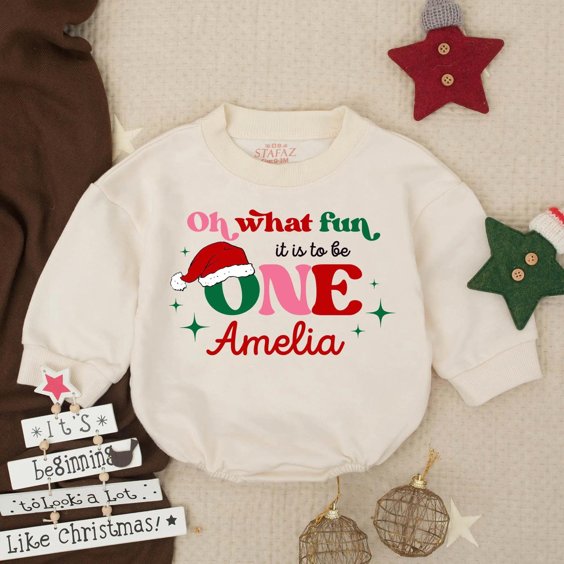 Baby's "Oh What Fun It Is To Be ONE" Bubble Romper Personalized Santa Hat Christmas Birthday Outfit