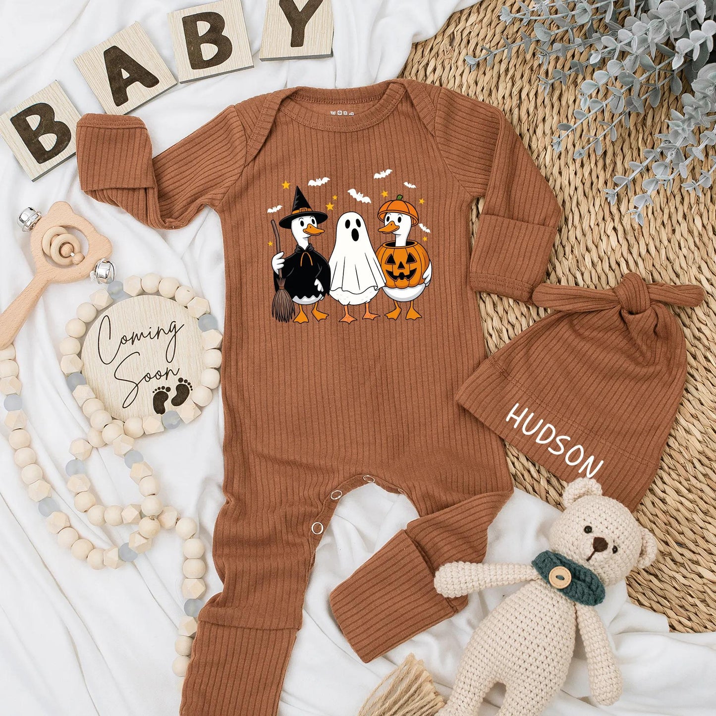 Personalized Halloween Baby Bodysuit Spooky Season Newborn Outfit Witch Duck Ghost Jack-o-lantern Design for Baby Shower Gift