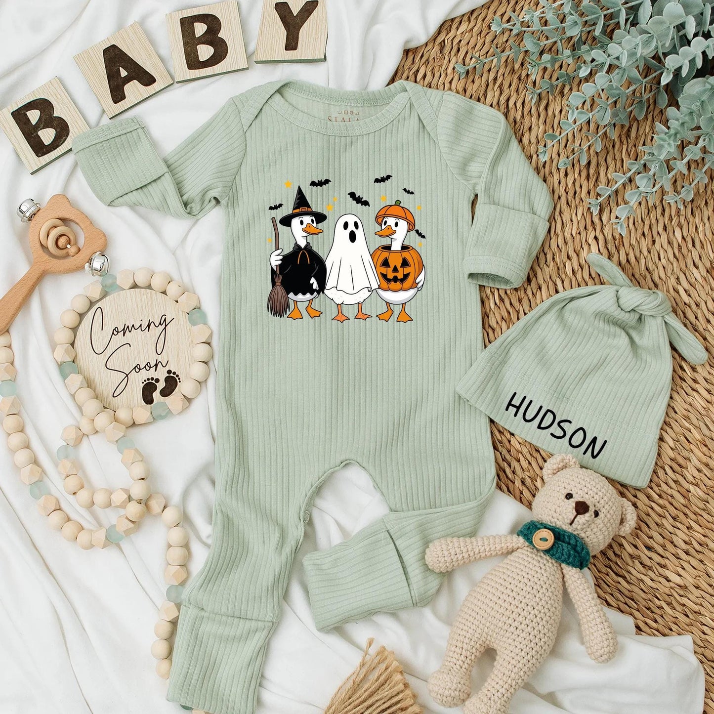 Personalized Halloween Baby Bodysuit Spooky Season Newborn Outfit Witch Duck Ghost Jack-o-lantern Design for Baby Shower Gift
