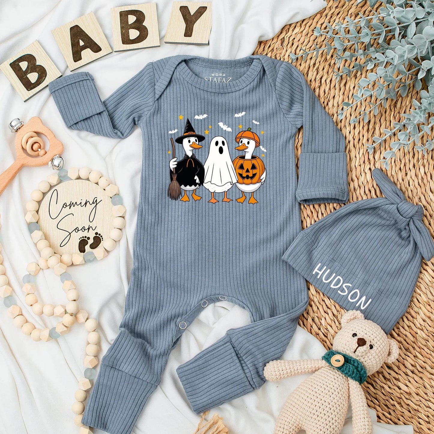 Personalized Halloween Baby Bodysuit Spooky Season Newborn Outfit Witch Duck Ghost Jack-o-lantern Design for Baby Shower Gift