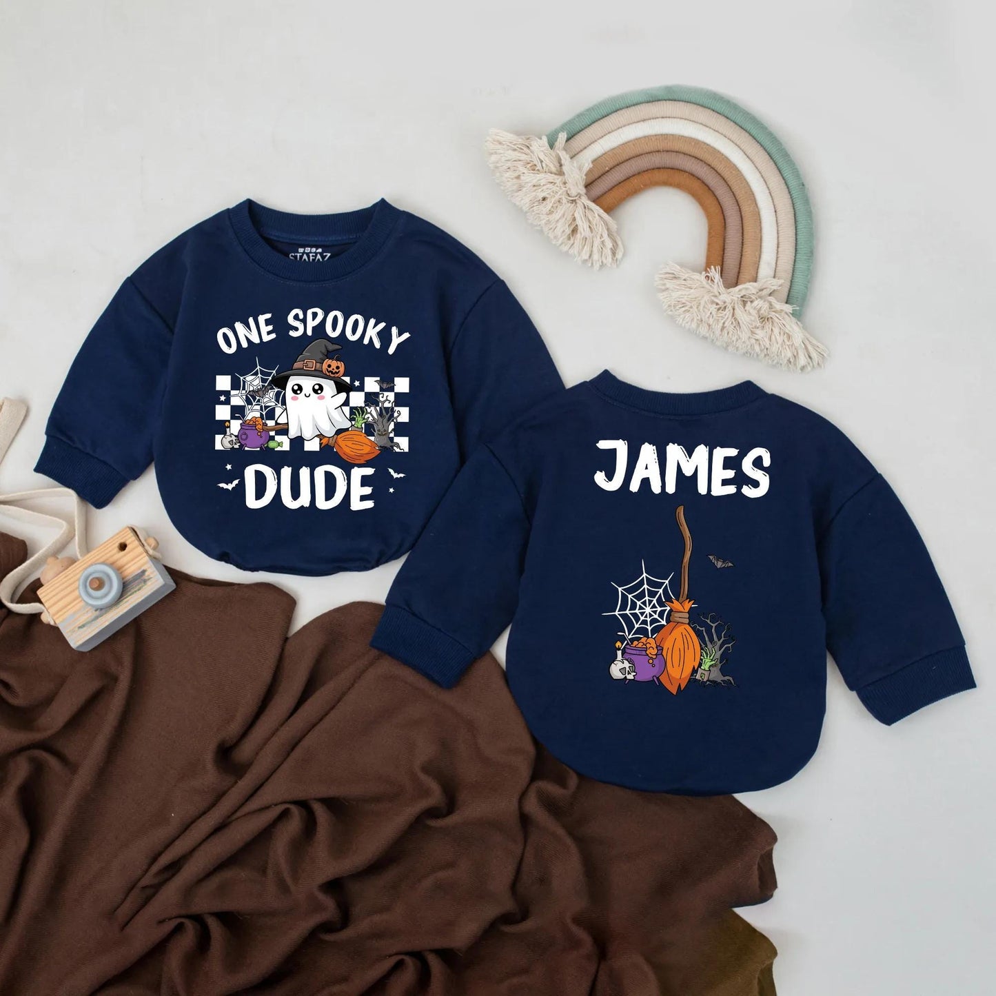 Custom James's One Spooky Dude Romper: First Halloween Baby Bodysuit with Ghost, Pumpkin & Cauldron Design, Spooky Season Outfit, Cute Halloween Costume