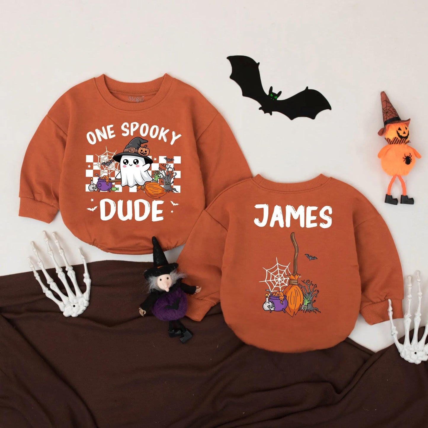 Custom James's One Spooky Dude Romper: First Halloween Baby Bodysuit with Ghost, Pumpkin & Cauldron Design, Spooky Season Outfit, Cute Halloween Costume