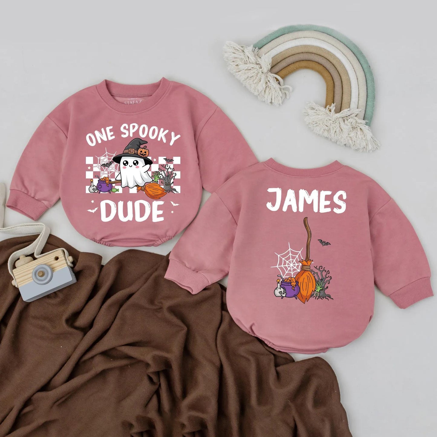 Custom James's One Spooky Dude Romper: First Halloween Baby Bodysuit with Ghost, Pumpkin & Cauldron Design, Spooky Season Outfit, Cute Halloween Costume