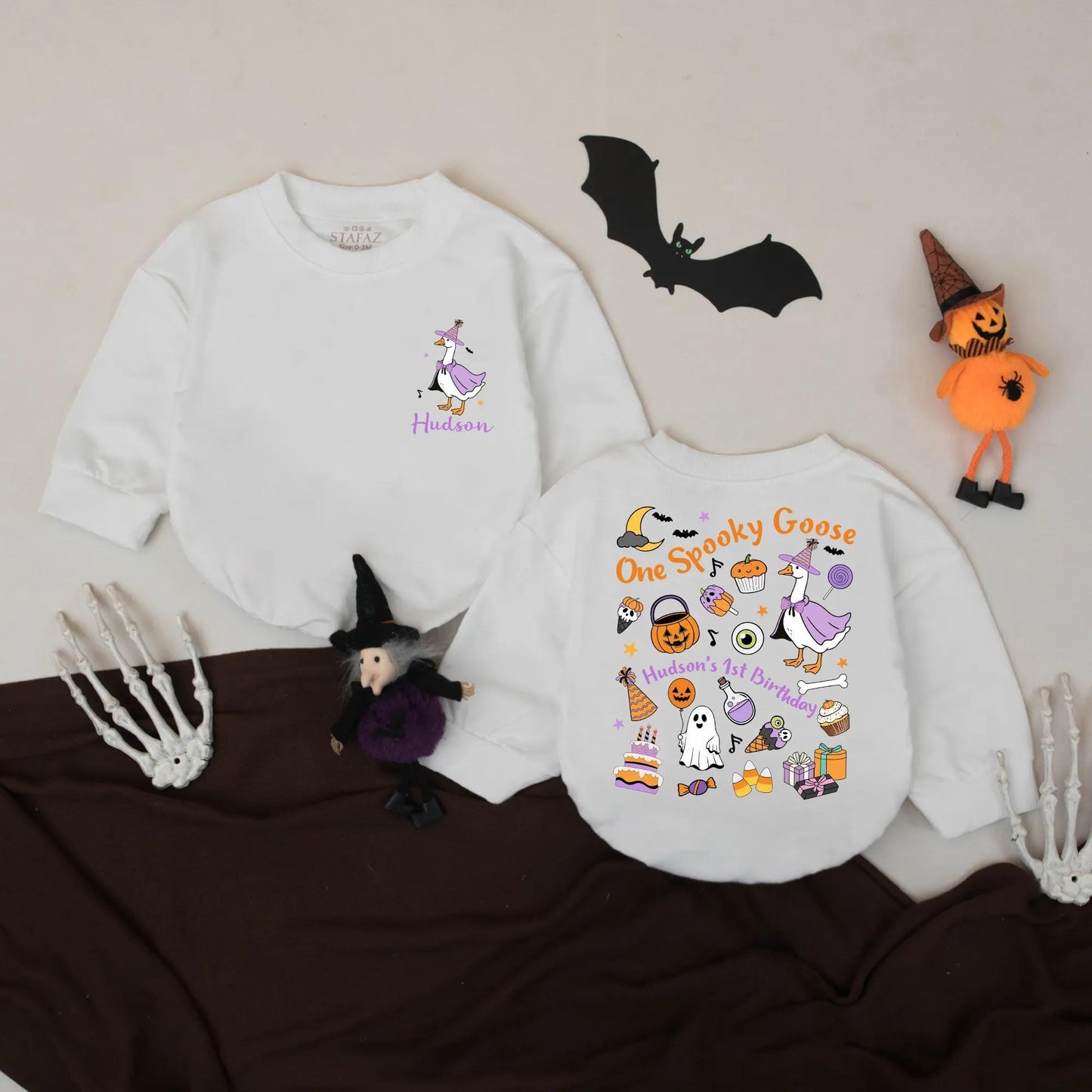 Spooky Goose 1st Birthday Romper: Custom Hudson Halloween Outfit, Funny Fall Baby Clothes, Witch Goose Bodysuit, Orange, Purple & Black Design (138 chars)