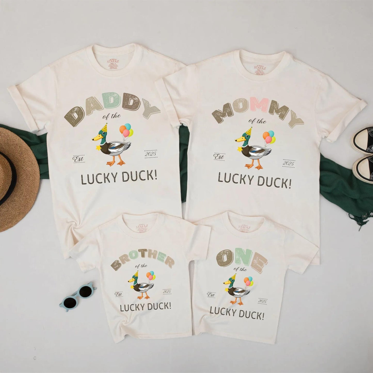 Lucky Duck Family Matching 1st Birthday Shirts: "One of the" Cute Cartoon Duck, Pink & Green Balloons, Fun Family Outfit, First Birthday, Est. 2025