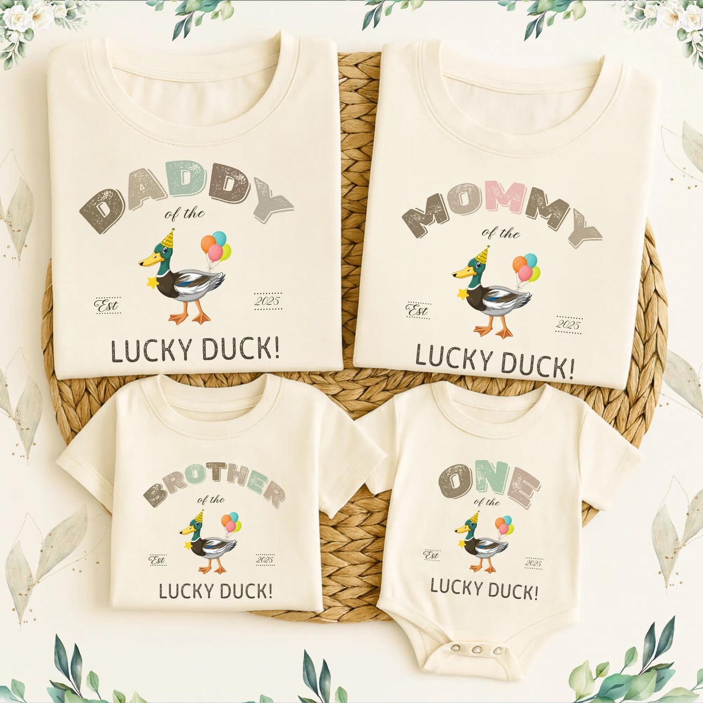 Lucky Duck Family Matching 1st Birthday Shirts: "One of the" Cute Cartoon Duck, Pink & Green Balloons, Fun Family Outfit, First Birthday, Est. 2025
