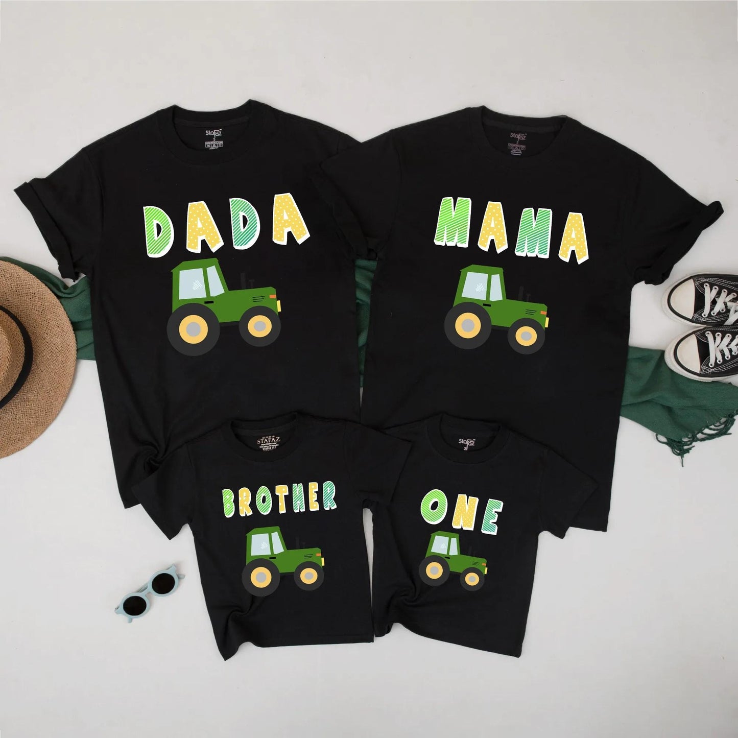 Family Truck Birthday Matching Shirts Dada Mama Brother One Outfit Green Tractor Cake Smash First Birthday Clothes