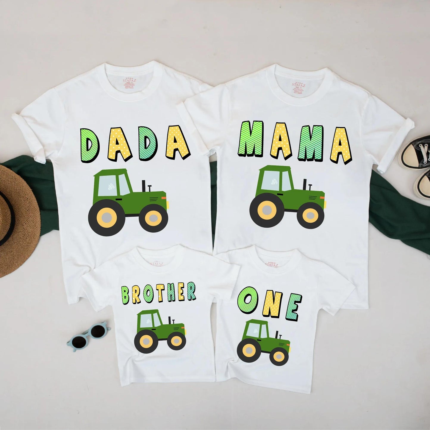 Family Truck Birthday Matching Shirts Dada Mama Brother One Outfit Green Tractor Cake Smash First Birthday Clothes