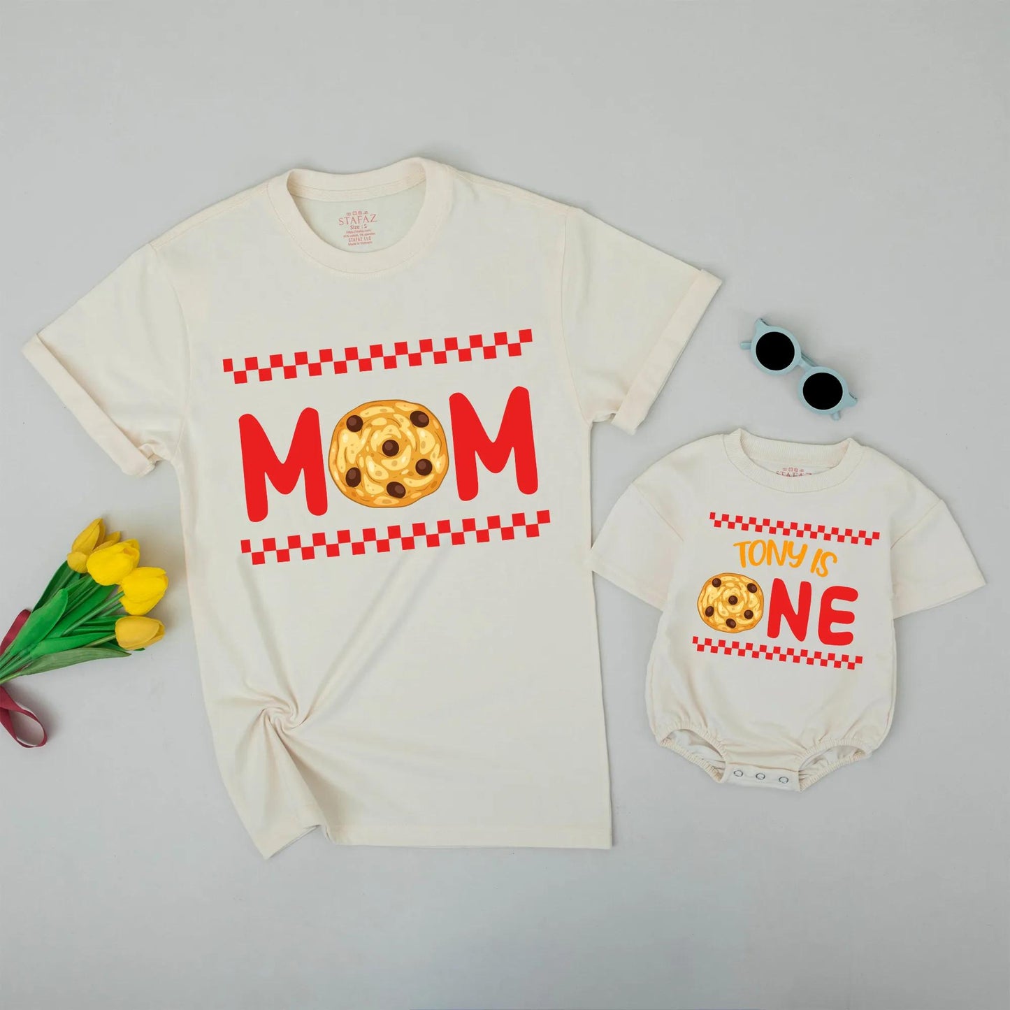 Matching Family Cookie Birthday Shirts Romper with Red Text Cookie Graphics for Mom Dad Bro Baby Tony One First Celebration Soft Cotton