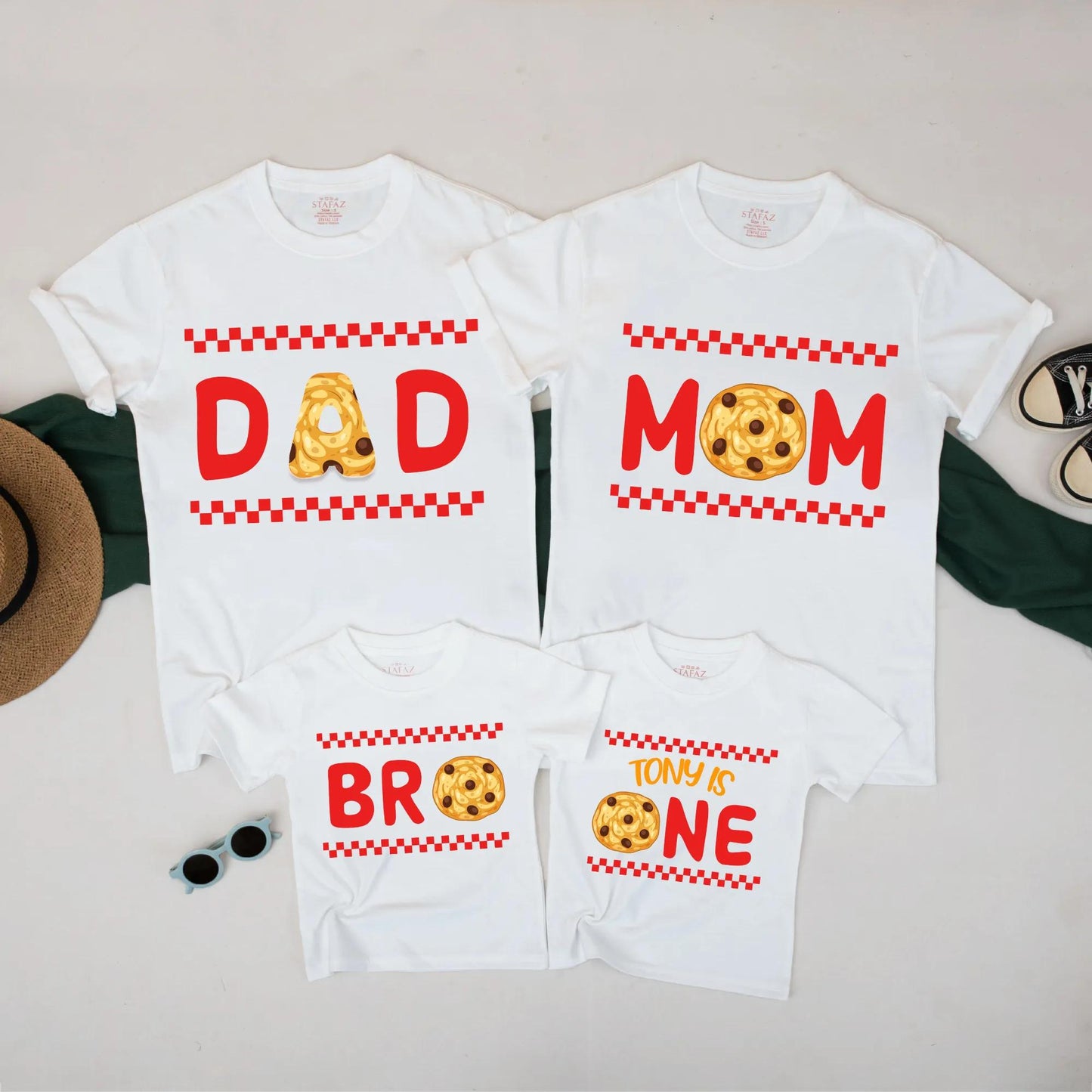 Matching Family Cookie Birthday Shirts Romper with Red Text Cookie Graphics for Mom Dad Bro Baby Tony One First Celebration Soft Cotton