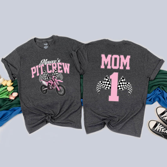 Maeve's Pit Crew Fast One Dirt Bike Birthday Girl Romper Mama & Me Matching Family Outfit 1st Birthday Outfit Pink