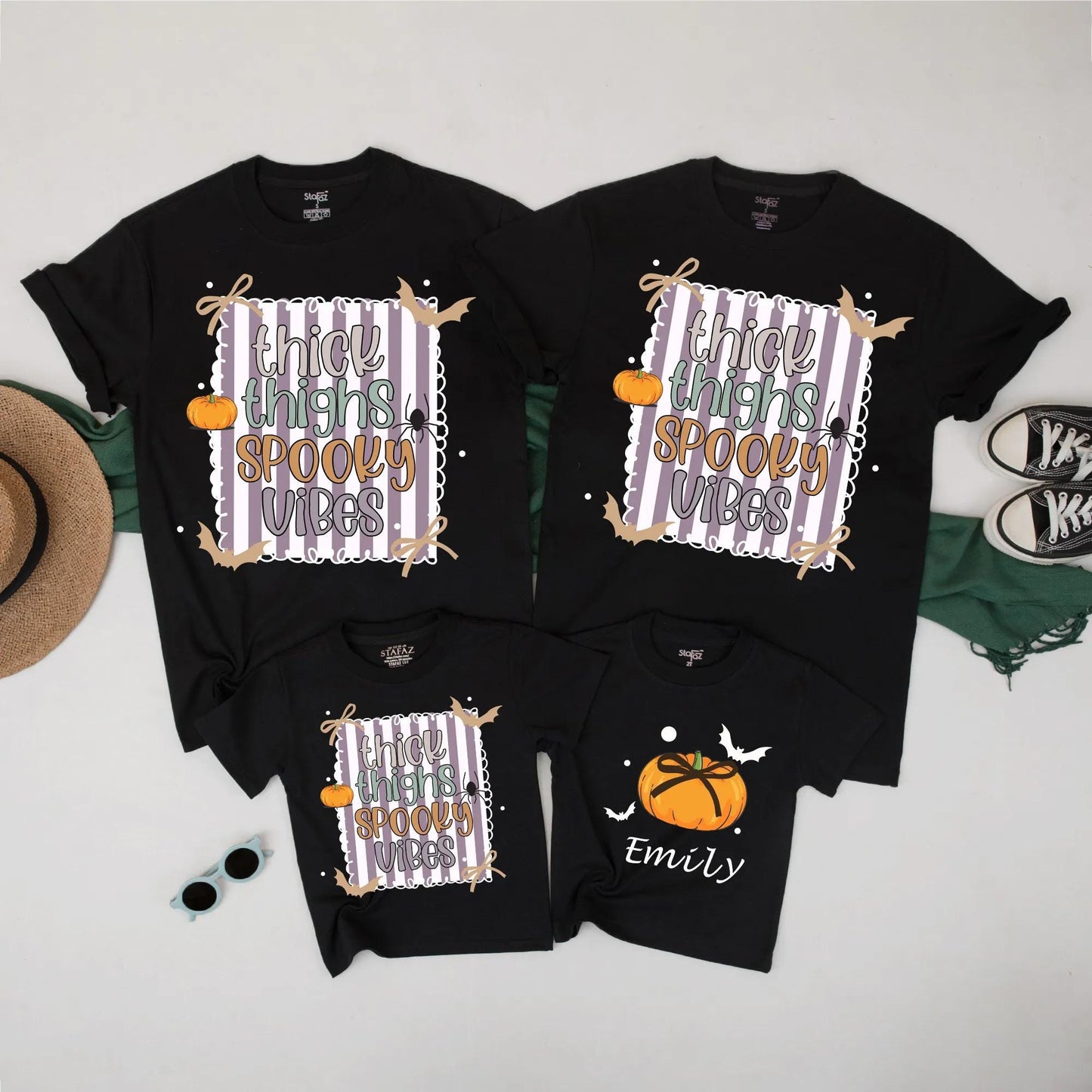 Matching Family Thick Thighs Spooky Vibes Halloween Shirts Custom Baby Girl Romper with Whimsical Pumpkin Bat Spider Cartoon Outfits