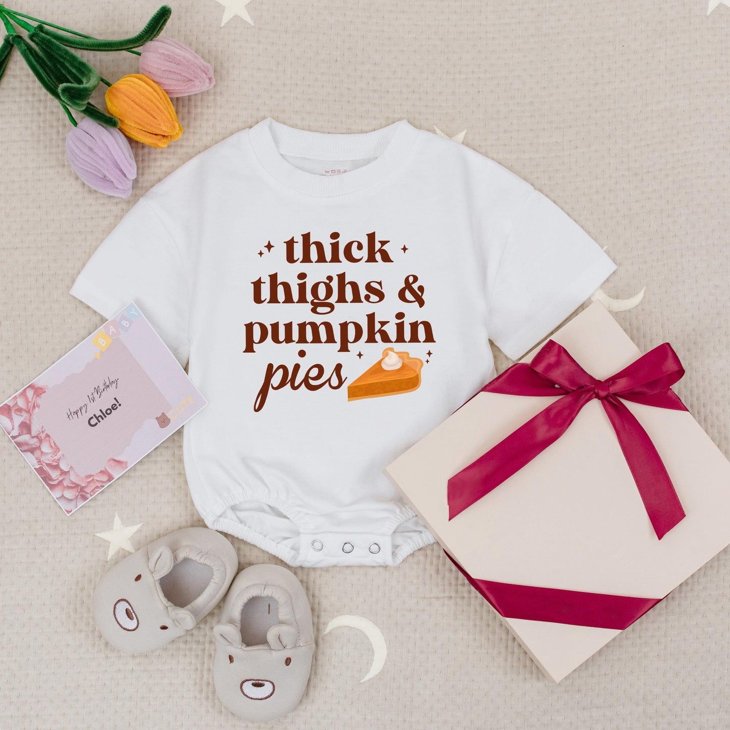Pumpkin Pie & Rolls Thanksgiving Baby Romper Set: Funny Fall Bodysuit for Thicc Thighs Feast Outfits, Cute Holiday Baby Clothes, Gender Neutral 139
