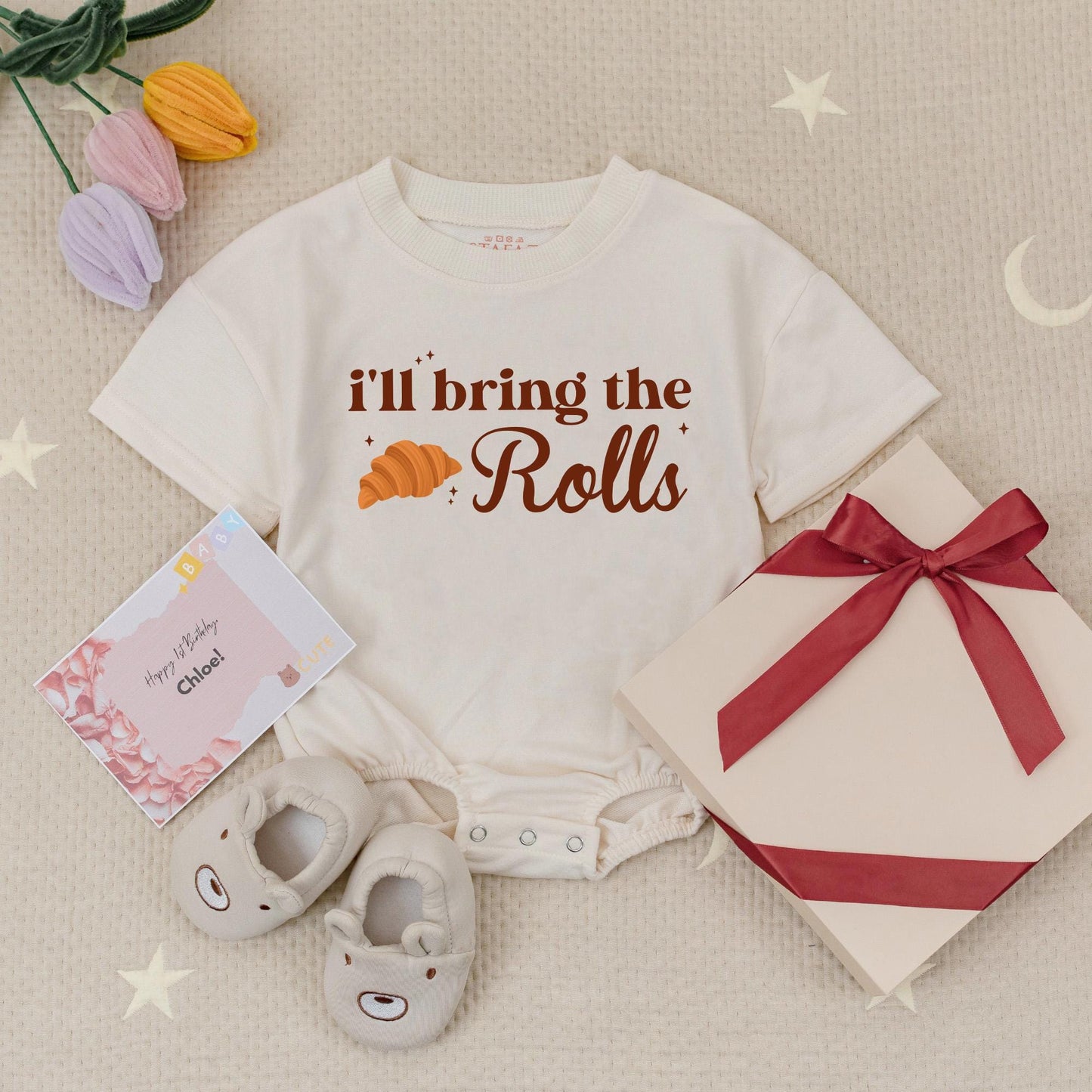 Pumpkin Pie & Rolls Thanksgiving Baby Romper Set: Funny Fall Bodysuit for Thicc Thighs Feast Outfits, Cute Holiday Baby Clothes, Gender Neutral 139