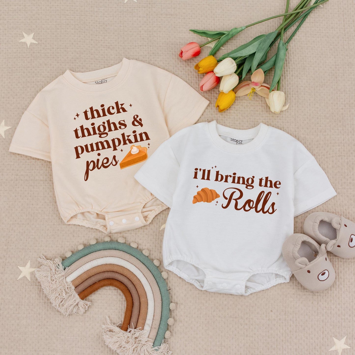 Pumpkin Pie & Rolls Thanksgiving Baby Romper Set: Funny Fall Bodysuit for Thicc Thighs Feast Outfits, Cute Holiday Baby Clothes, Gender Neutral 139