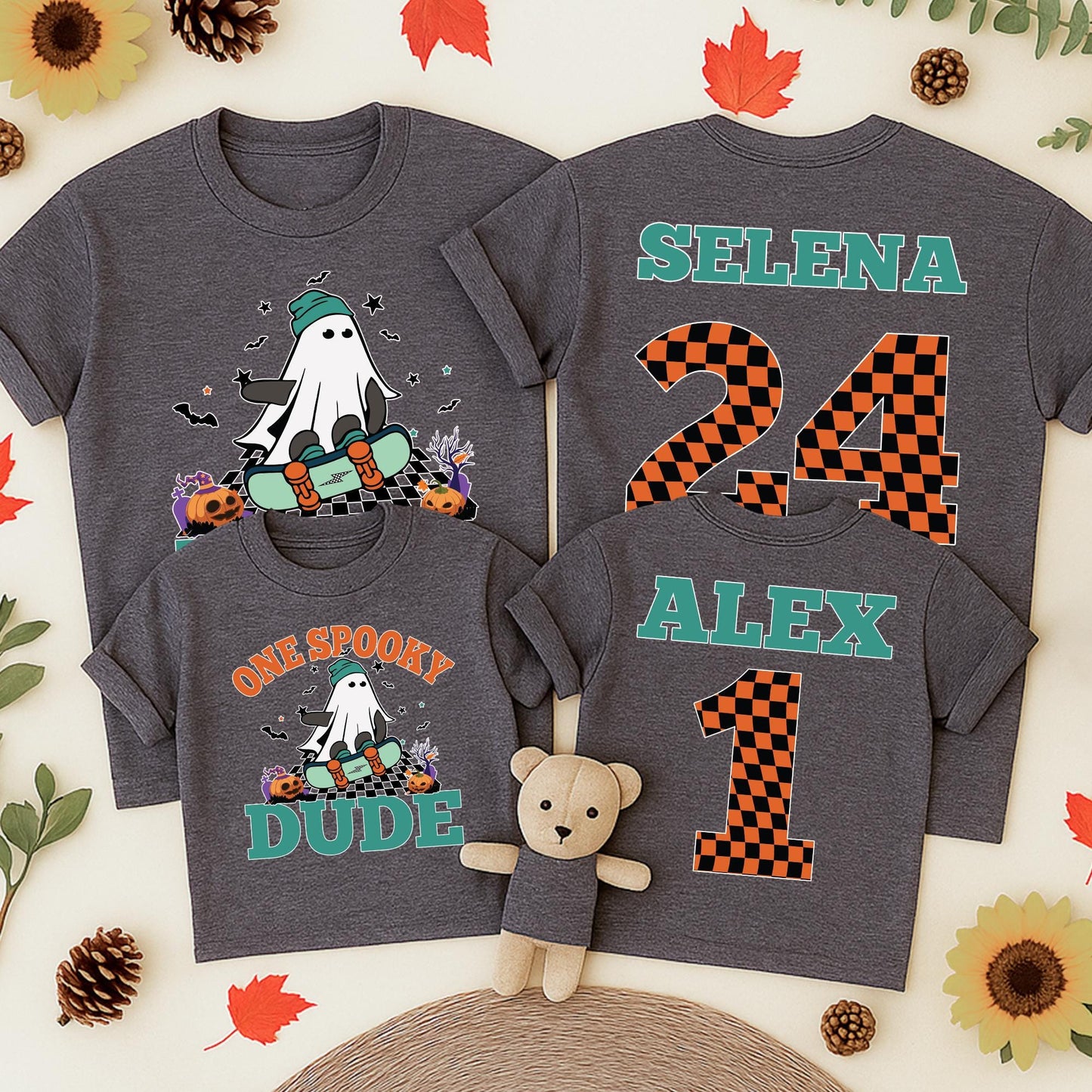 Spooky Dude 1st Birthday Matching Family Halloween Shirts: Custom Name Ghost Skateboard Design, Personalized First Birthday Outfit, Baby Toddler Tee