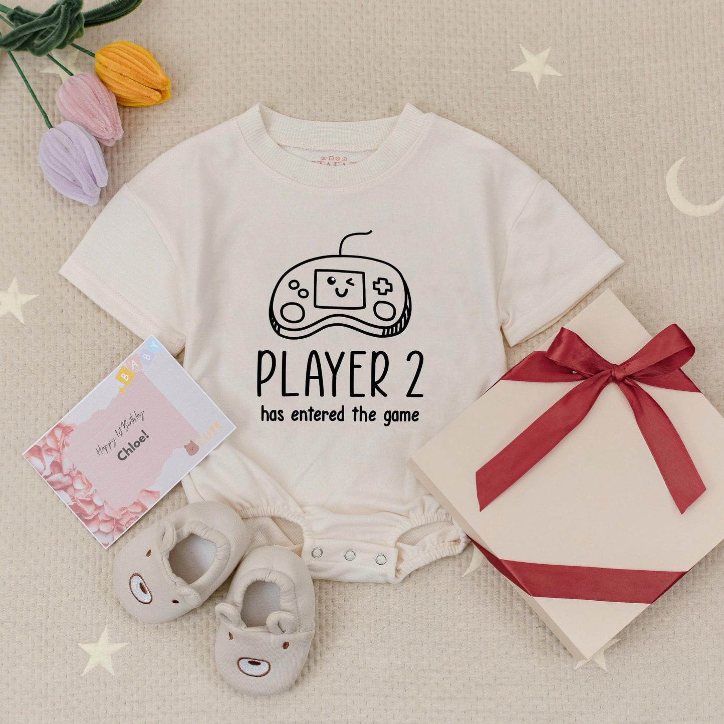Matching Players 1 & 2 Video Game Twins Bubble Romper Bodysuit Pregnancy Reveal Baby Shower Gift Black & White Vintage Controller Baby Outfits