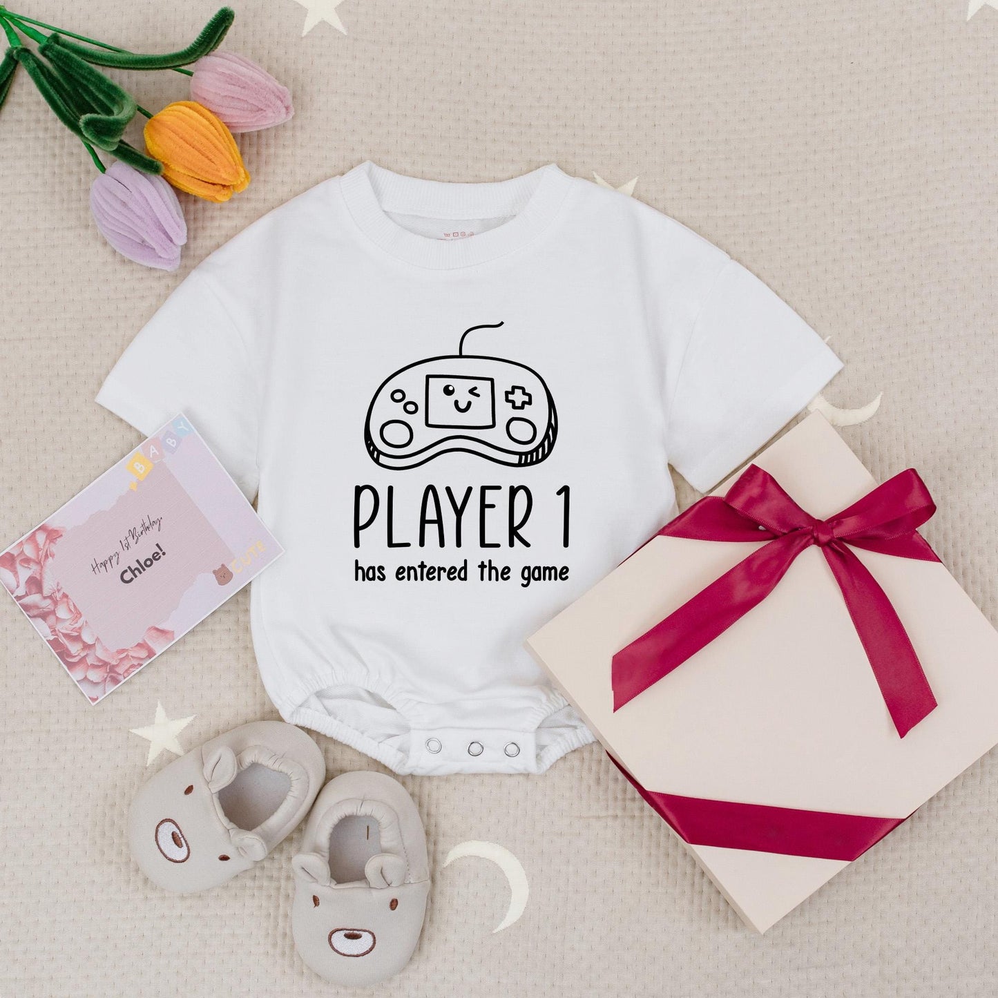Matching Players 1 & 2 Video Game Twins Bubble Romper Bodysuit Pregnancy Reveal Baby Shower Gift Black & White Vintage Controller Baby Outfits