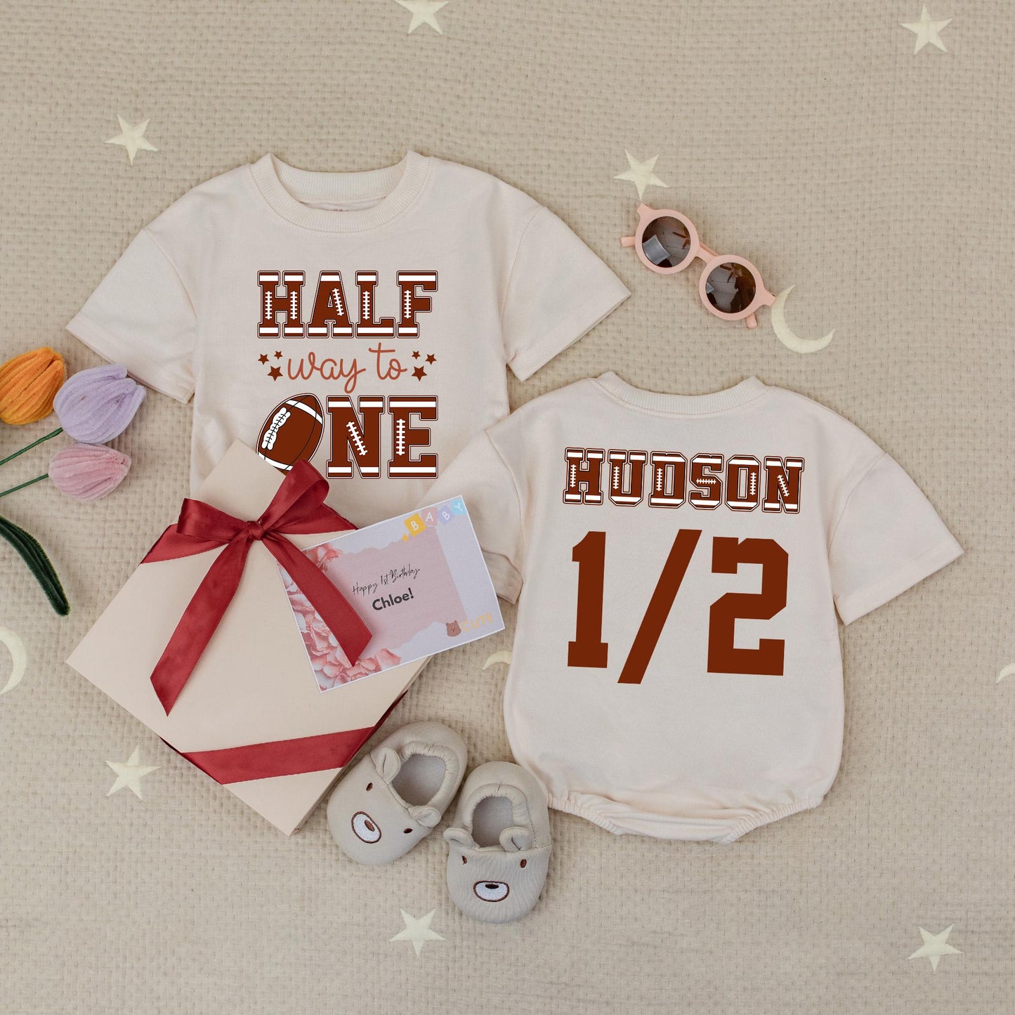 Half Way to One Football Romper - 6 Month Baby Outfit, Custom Name, 1/2 Birthday Party Celebration, Star Accents, Baby Shower Gift, Boy Sportswear