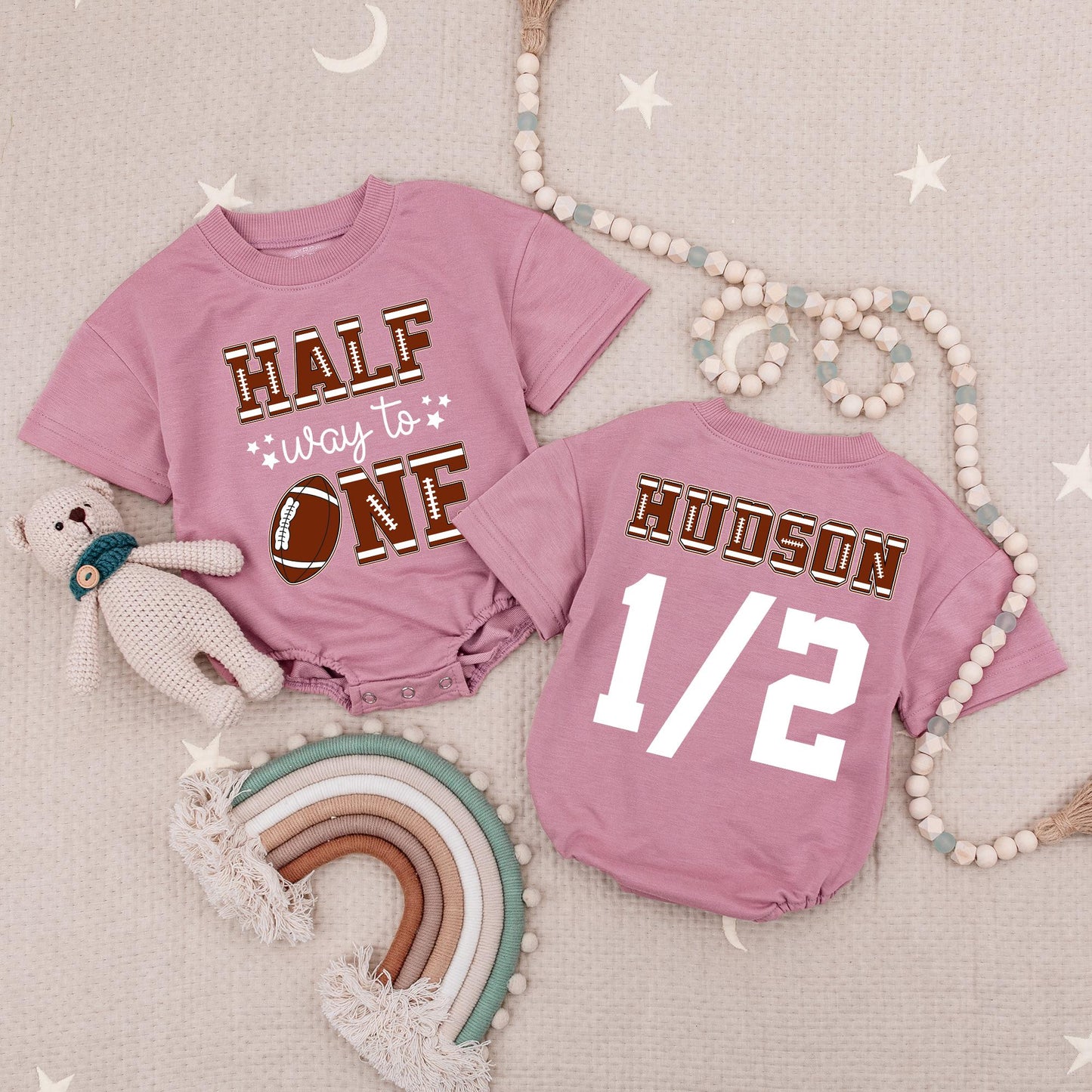 Half Way to One Football Romper - 6 Month Baby Outfit, Custom Name, 1/2 Birthday Party Celebration, Star Accents, Baby Shower Gift, Boy Sportswear