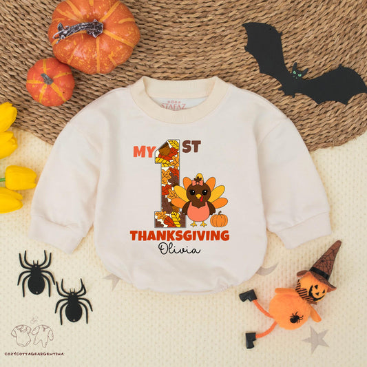 My 1st Thanksgiving Baby Bodysuit with Custom Name Olivia, Fall Leaves Turkey Romper Outfit, Baby Girl, Retro Fall Clothes