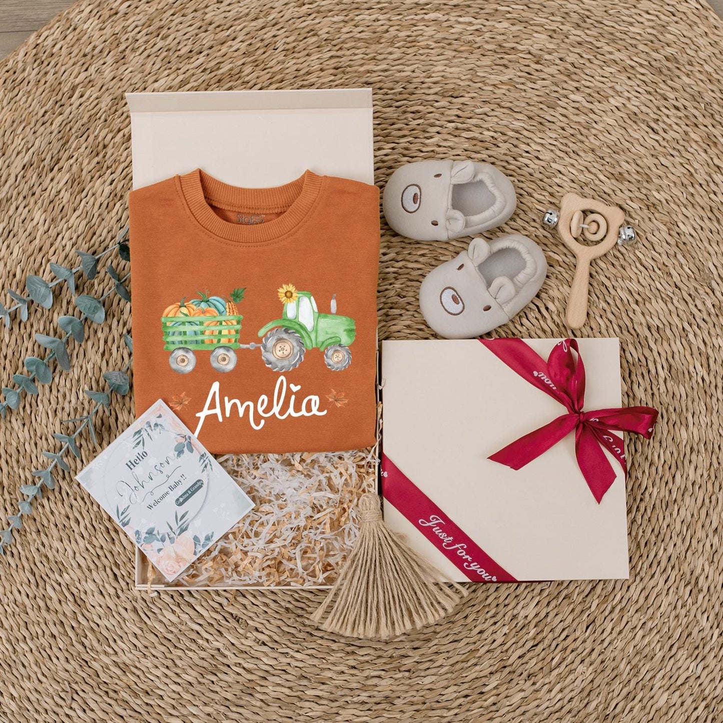 Amelia Pumpkin Tractor Fall Baby Outfit, Personalized Autumn Romper, First Thanksgiving Shirt, Harvest Baby Shower Gift, Baby Girl