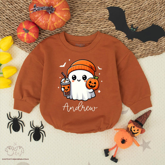 Custom Andrew Ghost Romper Halloween Outfit, Baby Boy Pumpkin Costume with Bubble Tea, Playful First Halloween Bodysuit, Cute Fall Romper (139 chars)