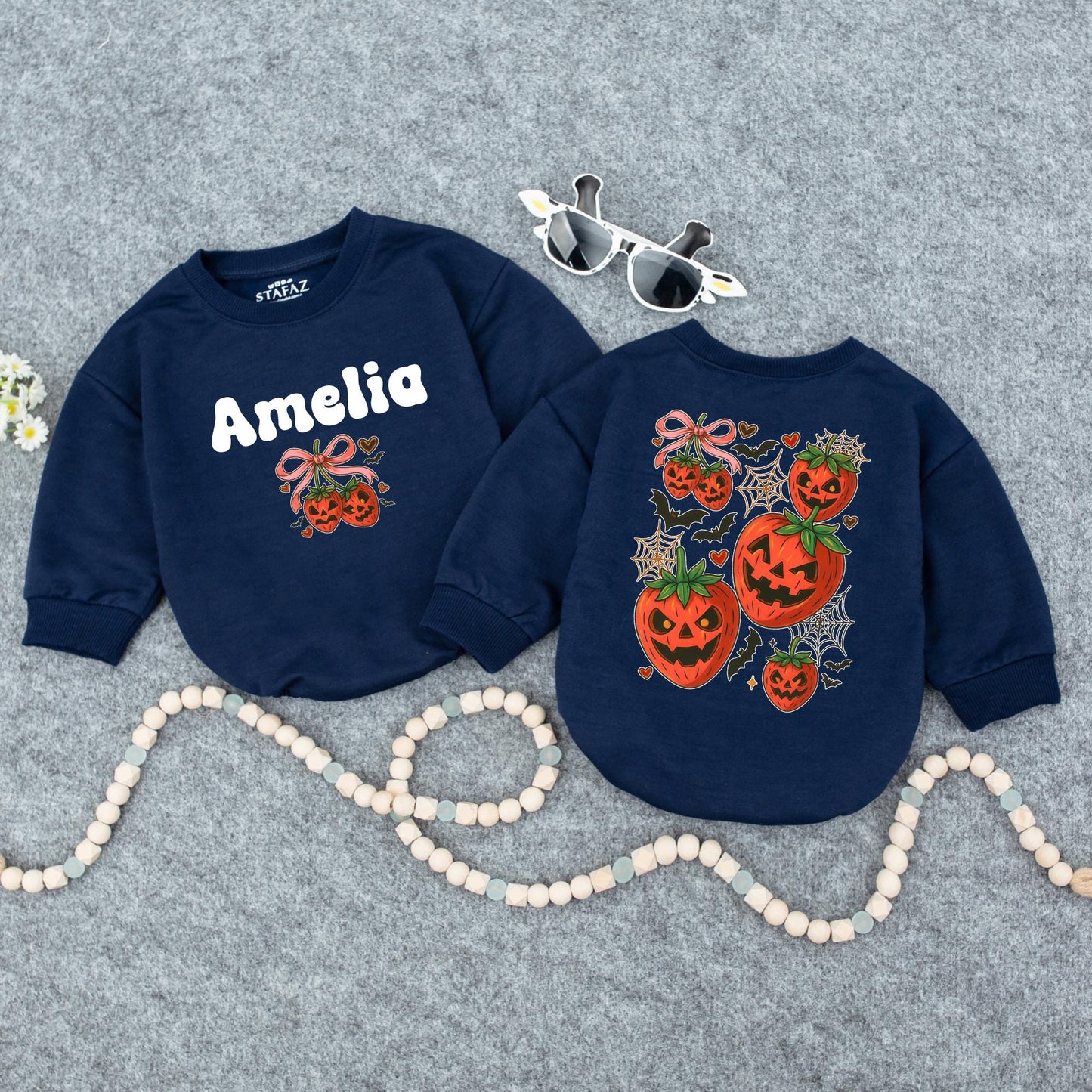 Amelia's First Halloween Sweatshirt, Cute Pumpkin Outfit, Personalized Baby Girl Fall Clothes, Jack-o'-lantern, Bats & Bows, Custom Name, Baby Shower Gift (138 chars)