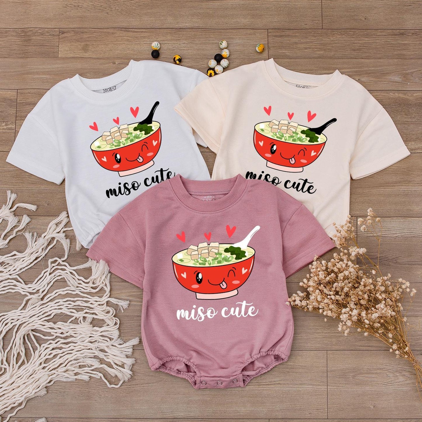 Miso Cute Baby Romper whimsical cartoon miso soup design newborn bubble bodysuit gender neutral clothes funny food pun
