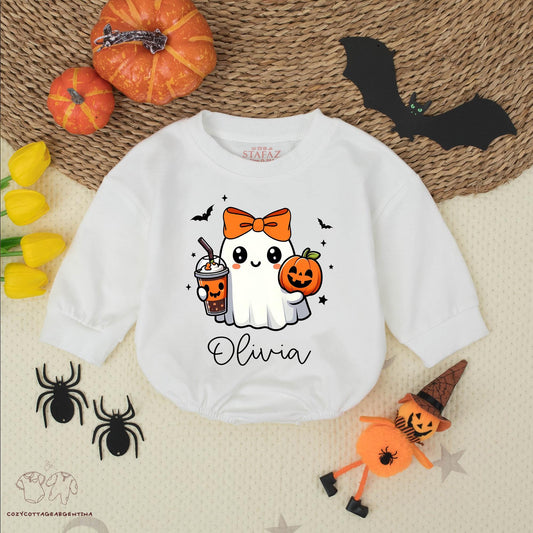 Custom Olivia Ghost Romper, Bow Halloween Outfit, Cute Cartoon Pumpkin Baby Bodysuit, Spooky Trick or Treat, Fall Gift, Personalized Name 135
