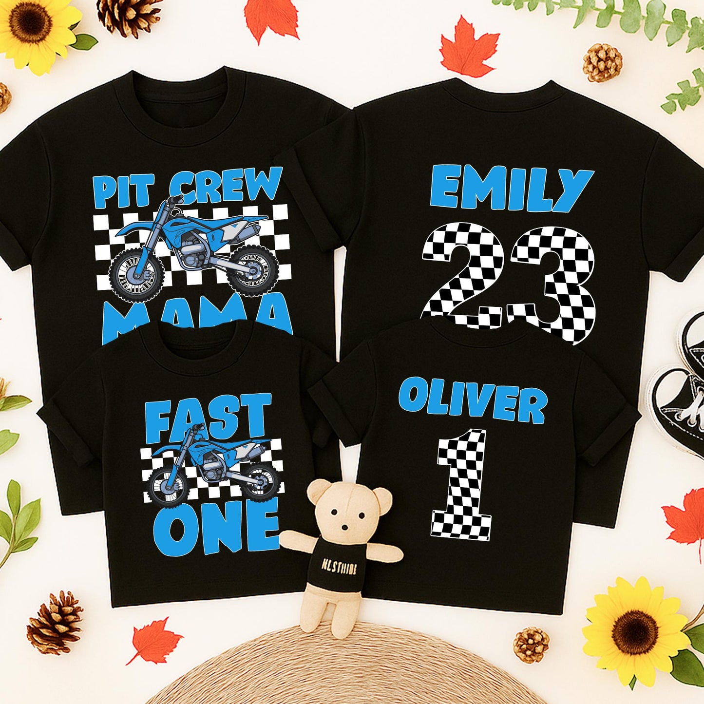 Fast One Pit Crew 1st Birthday Shirt Blue Motorcycle Race Car Party Tee for Birthday Boy or Family Matching Celebration