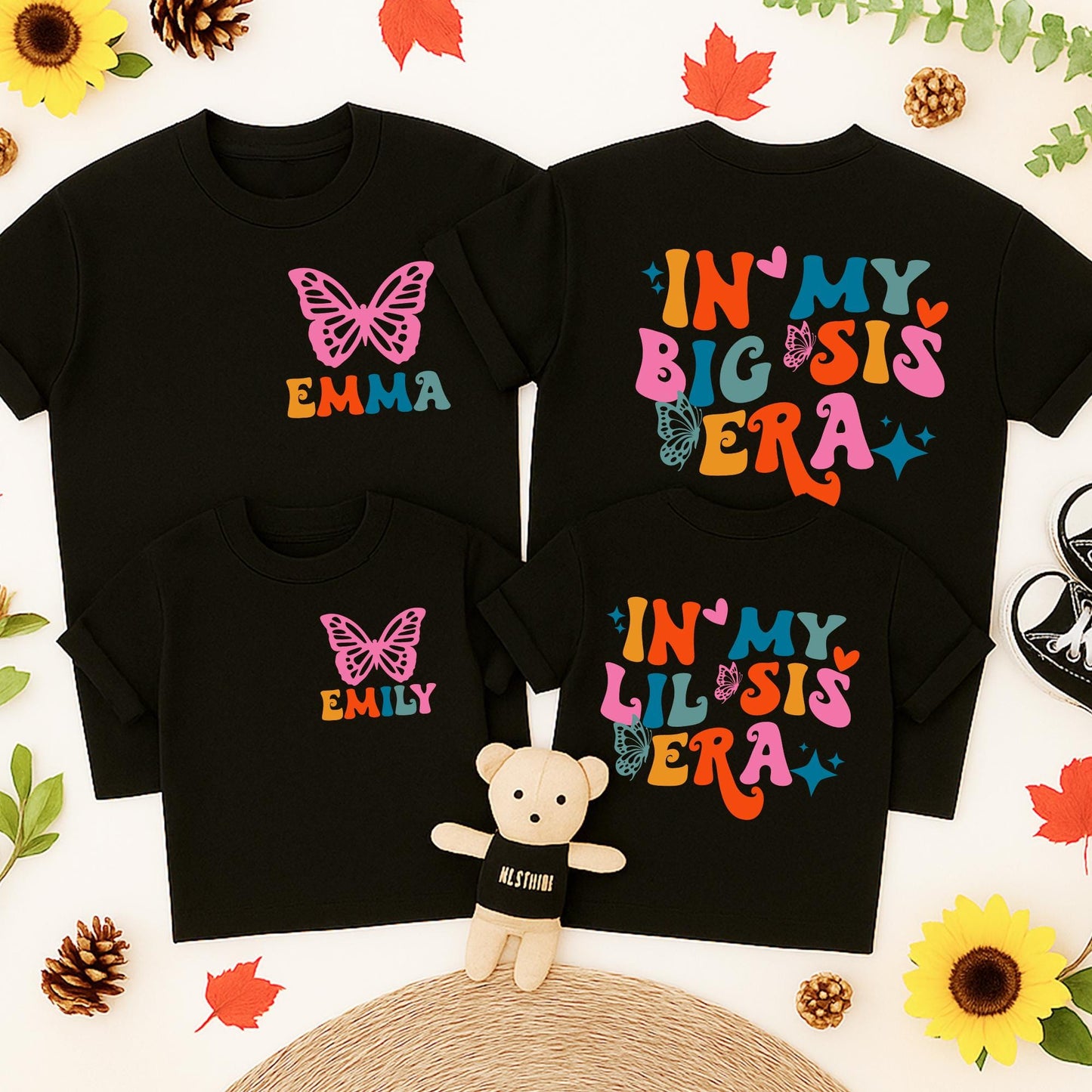 In My Big Sis Era Matching Retro Toddler Tee Cute Big Little Sister Custom Crew Neck Butterfly & Stars