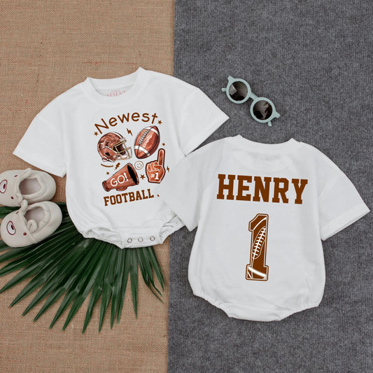 Personalized Newest Football Fan Baby Romper, Custom HENRY Number 1 Bodysuit, First Birthday Game Day Outfit, Football Baby Gift, Soft Cotton 138