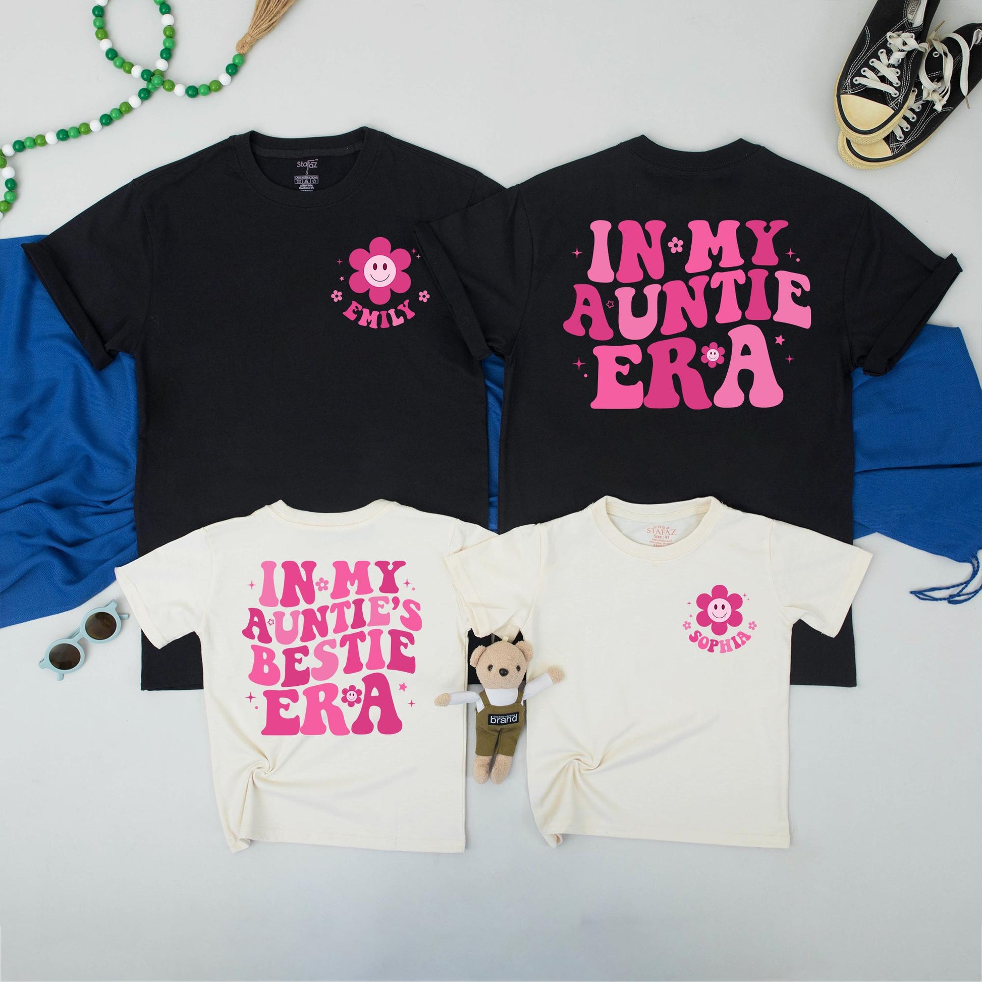 Auntie Era Matching Shirt Set: Fun Aunt & Auntie's Bestie Retro Tees with Pink Graphic, Baby Announcement, Aunt Gift from Niece - So Comfy! (139)