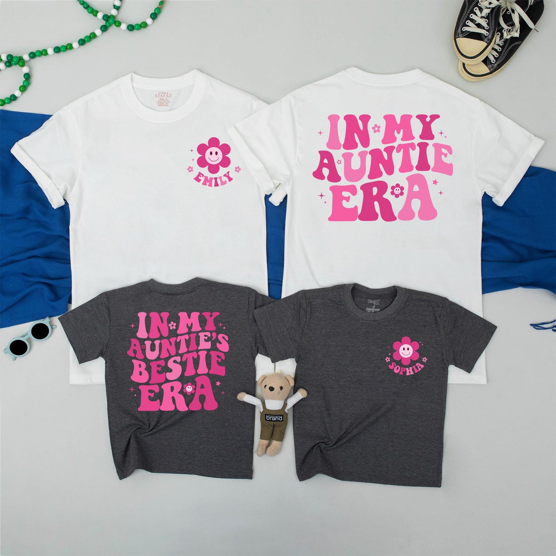Auntie Era Matching Shirt Set: Fun Aunt & Auntie's Bestie Retro Tees with Pink Graphic, Baby Announcement, Aunt Gift from Niece - So Comfy! (139)