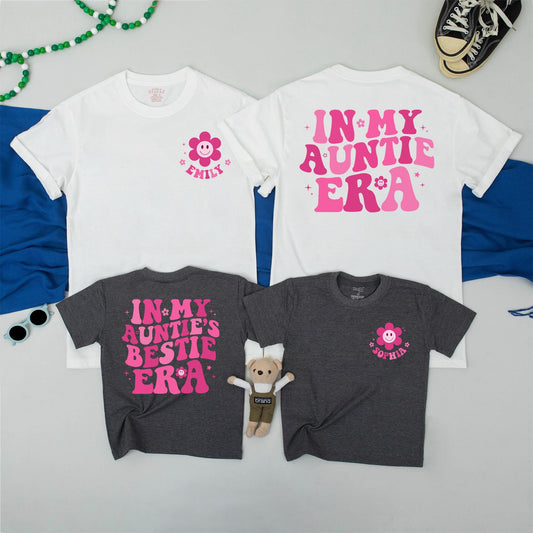 Auntie Era Matching Shirt Set: Fun Aunt & Auntie's Bestie Retro Tees with Pink Graphic, Baby Announcement, Aunt Gift from Niece - So Comfy! (139)
